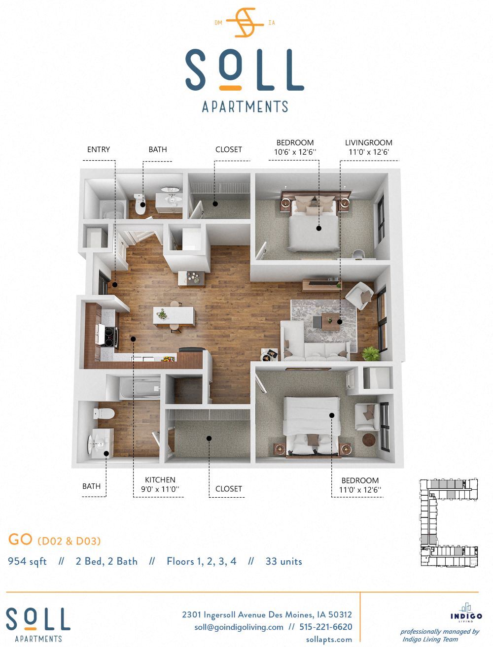 Floor plan for 2 beds, 2 baths, 954 sqft